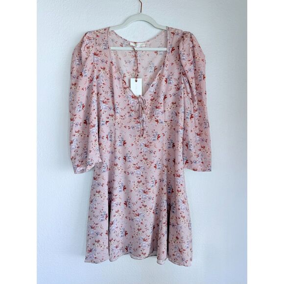 NWT LoveShackFancy Juree Floral Silk 3/4 Sleeve VNeck Mini Dress Pink Dust Storm - Picture 6 of 16